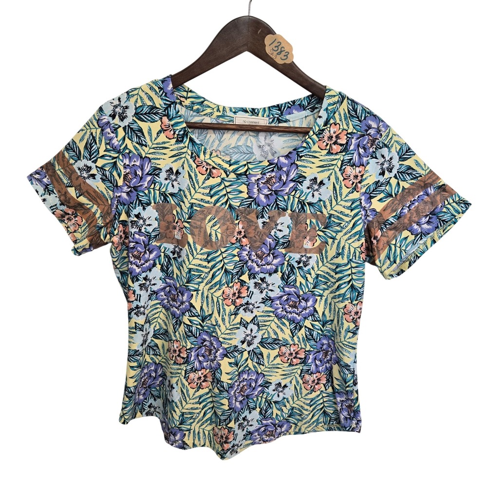 No Comment NY-LA Women Floral Love Graphic Tee Yellow Purple Tropical XL